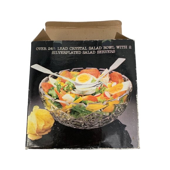 VTG Handmade Lead Crystal Salad Bowl With 2 Silverplated Salad Servers Italy - Picture 9 of 10